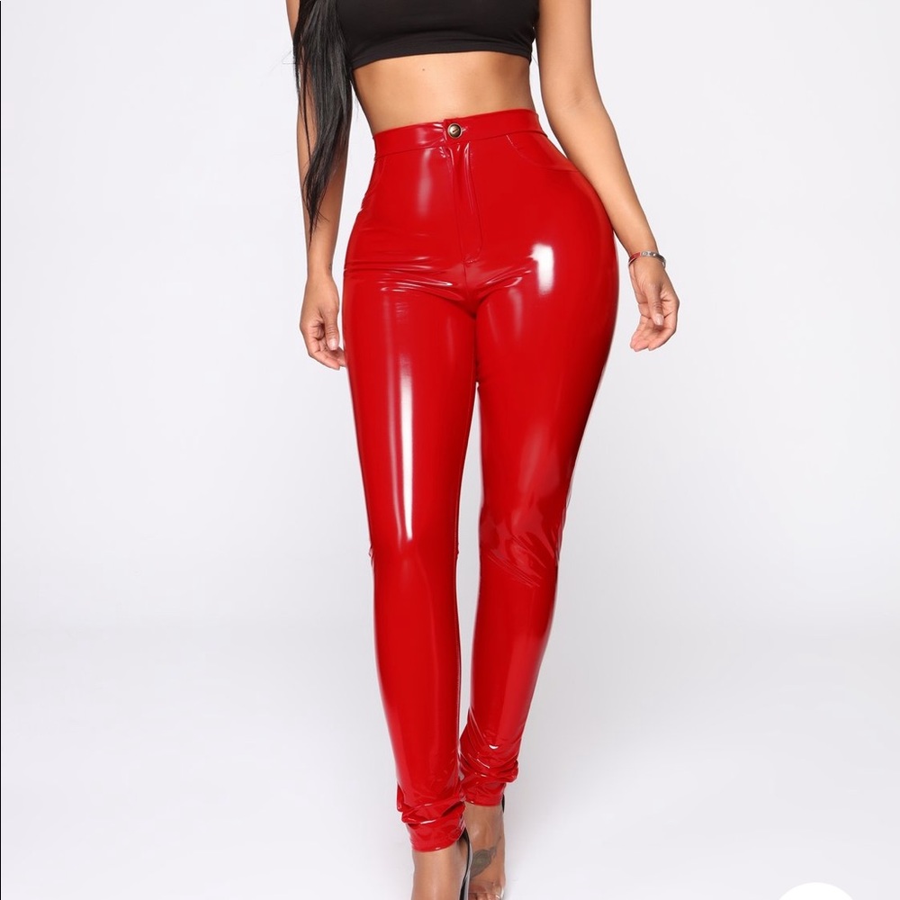 Red vinyl pants